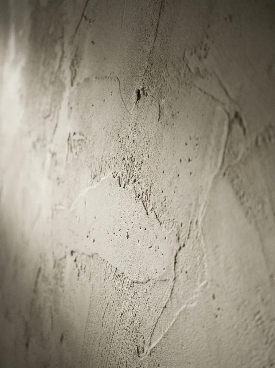 Hand-finished plaster wall, raking side light revealing texture