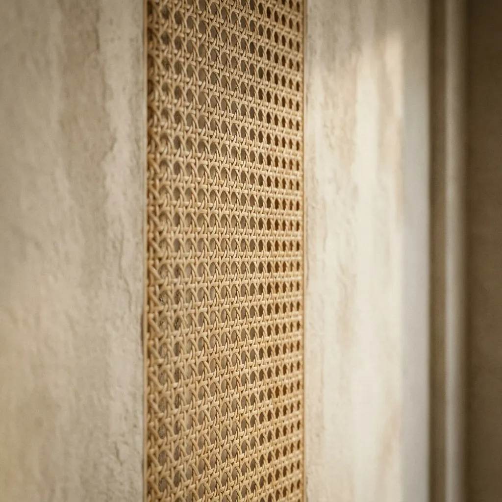 Woven cane panelling against a plaster wall
