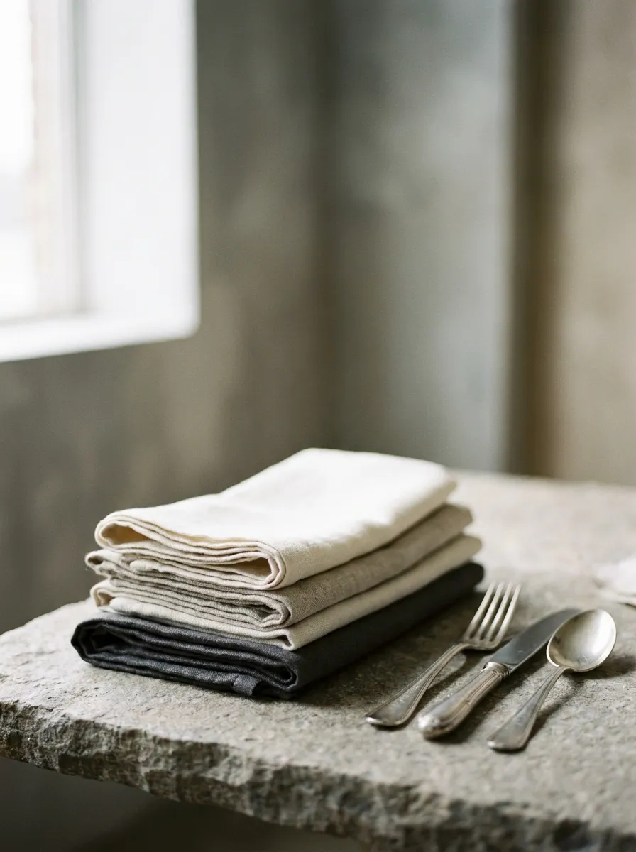 Folded linen napkins and cutlery on a stone table
