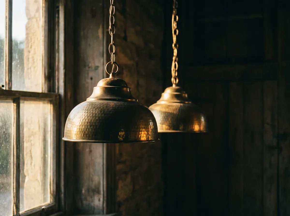 Brass pendant lights catching late-day sun