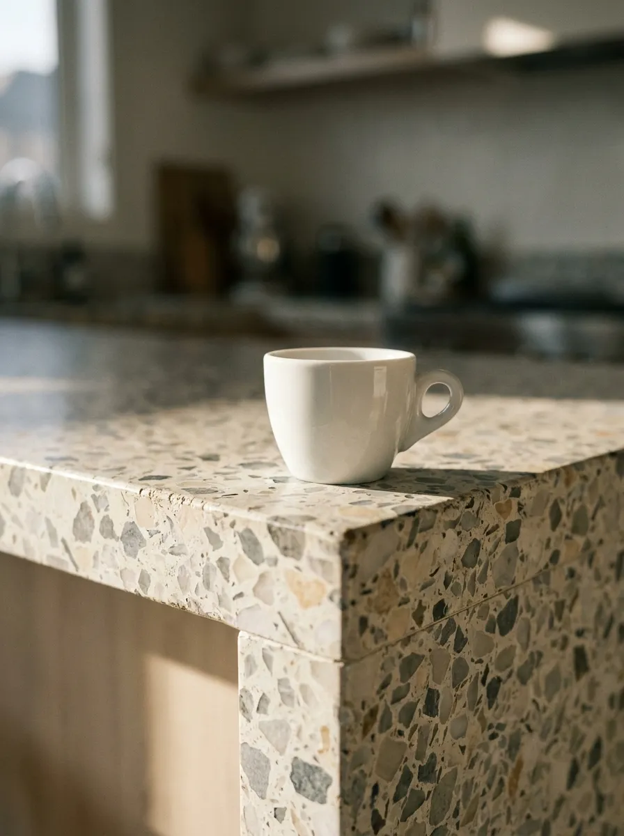 Terrazzo counter edge with a single espresso cup