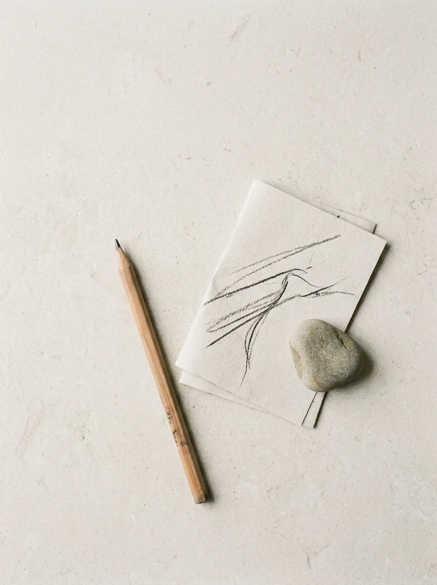A pencil, folded paper sketch, and stone sample on a pale surface