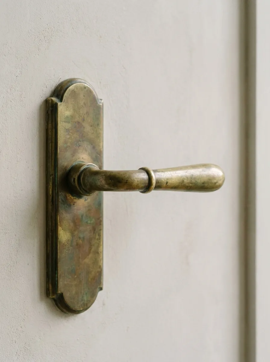 Unlacquered brass door hardware with patina forming