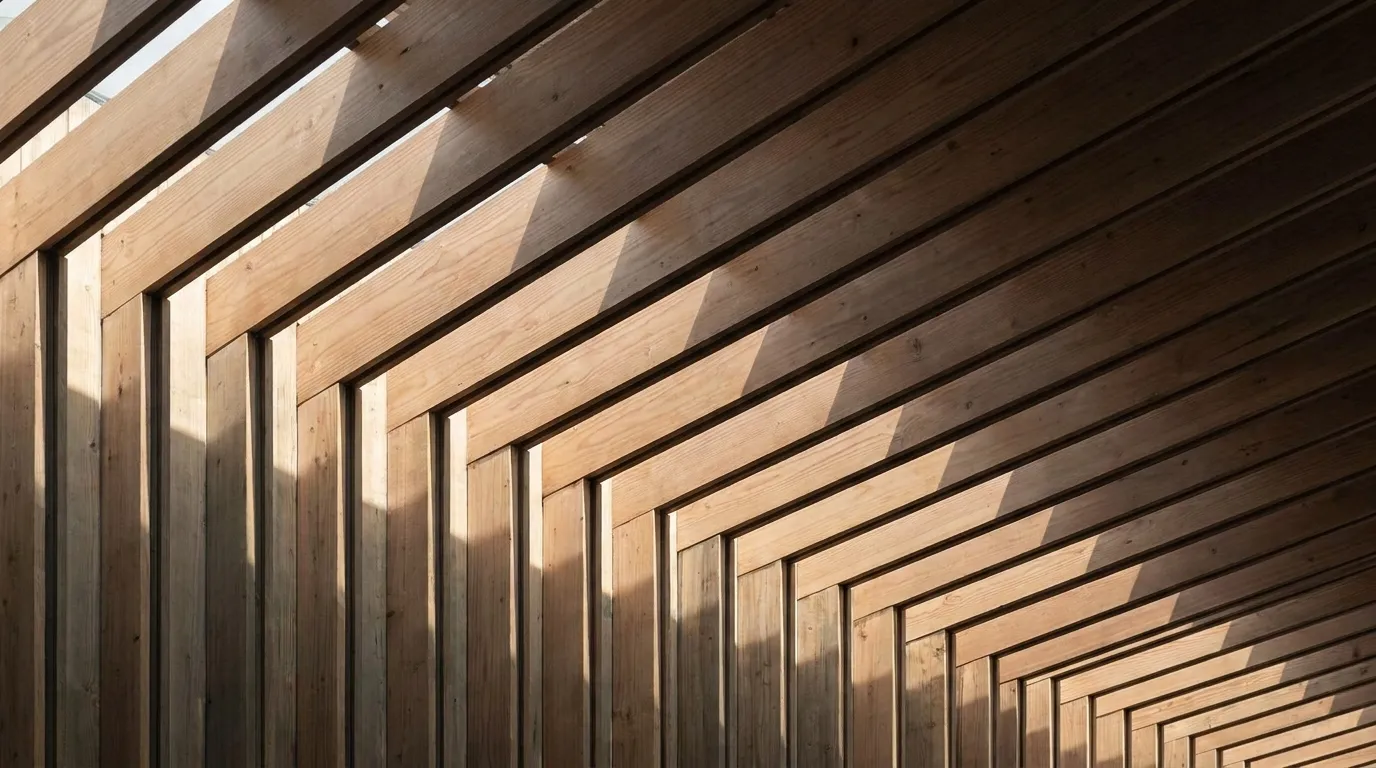 Timber-slat ceiling with shadow lines from low afternoon sun