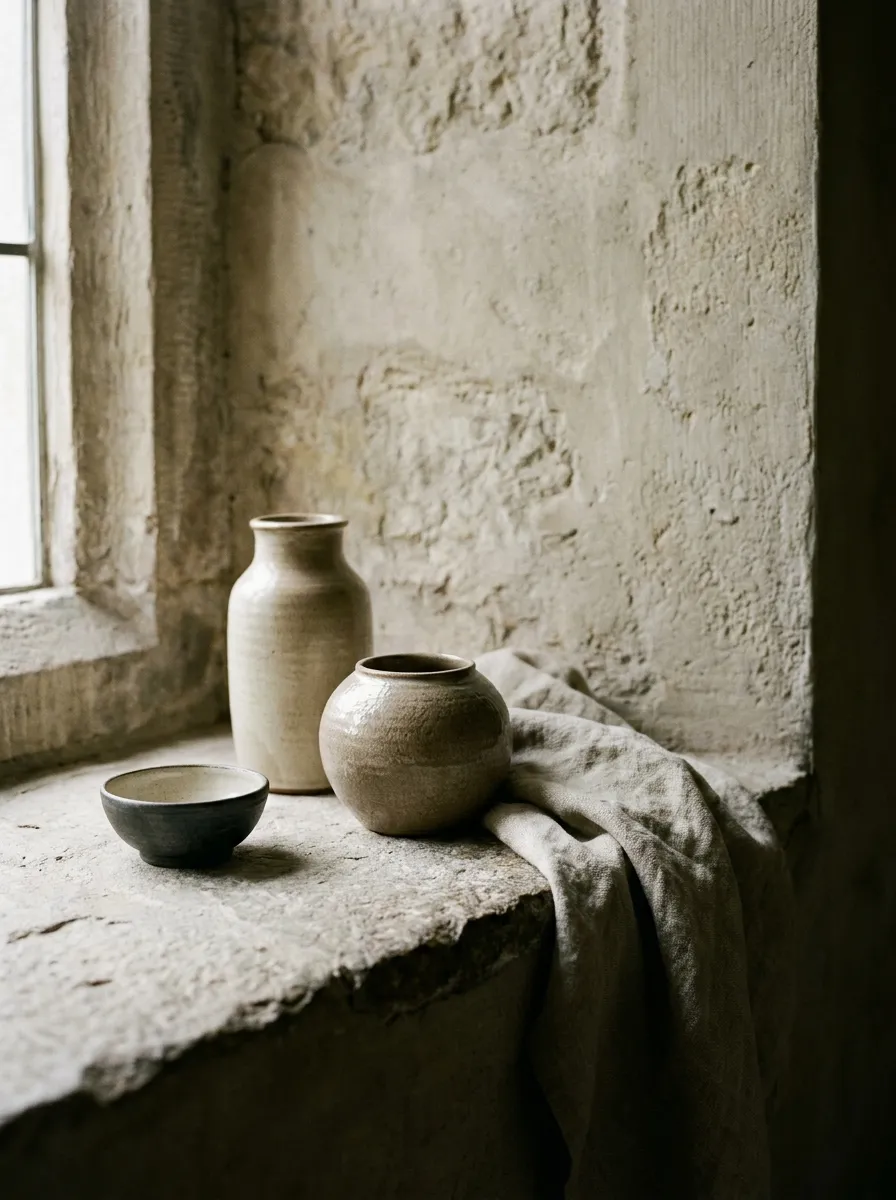 Three ceramic vessels and folded linen on a stone ledge